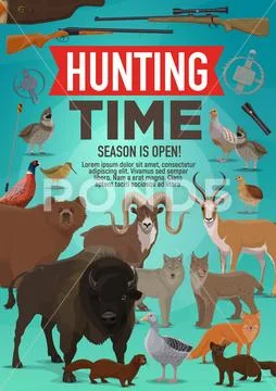 Hunting time and hunt open season animals poster Stock Illustration