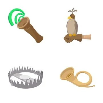 Hunting tools falconry elements and animal trap set Stock Illustration