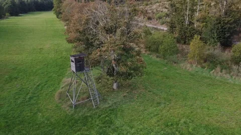Hunting tower or a raised hide or blind on a field at dawn. Stock Footage 164059323