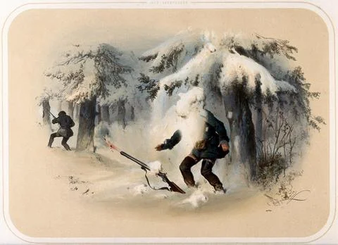 A huntsman is enveloped by a sudden fall of snow from an overhanging tree b.. Stock Illustration