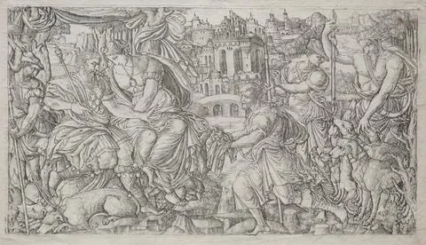 Huntsman Presenting a Gift to a King. Jean Duvet (French, 1485-1561). Engra.. Stock Illustration