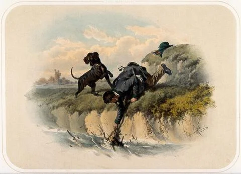 A huntsman pulls a dead rabbit from a river by its ear. Coloured lithograph.. Stock Illustration