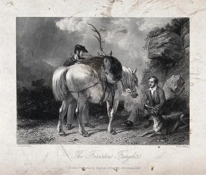The huntsman is sitting down for a rest next to his dog while the gamekeepe.. Stock Illustration