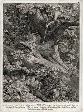 A huntsman sitting on a tree is about to shoot a lynx that has pounced upon.. Stock Illustration