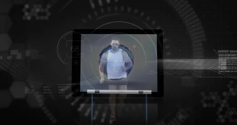 Hurdling athlete over digital interface, analyzing performance data in animation Stock Footage 305292932