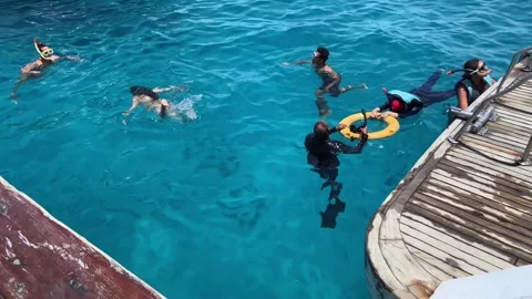 Hurghada, Egypt - 1 August 2025: instructor teaches snorkeling in the open se Stock Footage 314395366