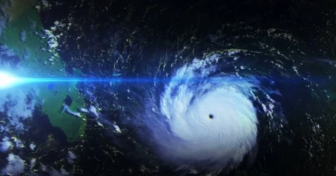 Hurricane Andrew Roaring in Outer Space Animation with Blue Flare 4K Stock Footage 76149358