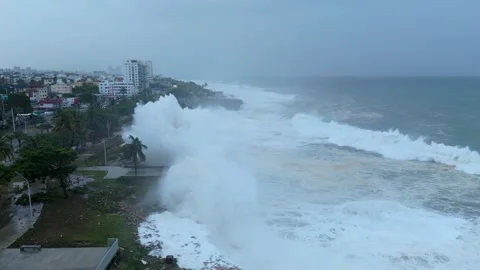 Hurricane Beryl creates violent waves smashing into Caribbean coast, drone Stock Footage 278663848