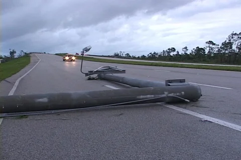 Hurricane damage pole pole downed Stock Footage 107673210