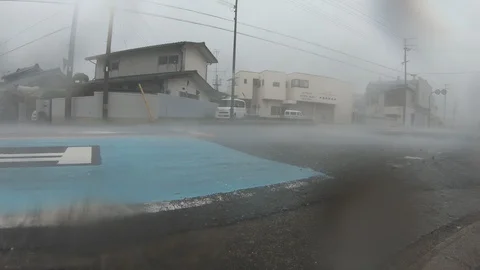 Hurricane Eyewall Winds Lash Camera Fixed In Street Stock Footage 96138935