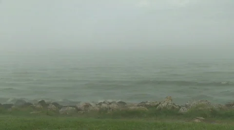 Hurricane force wind and rain at waters edge Stock Footage 360566