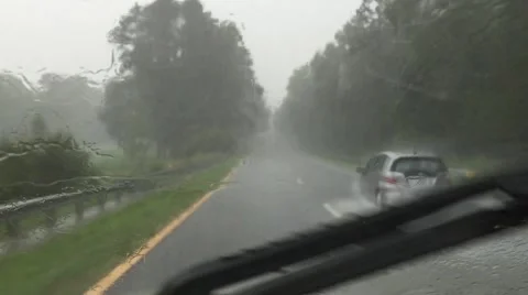 Hurricane Hermine, heavy rain through wipers passing one vehicle, good sound Stock Footage 67948962