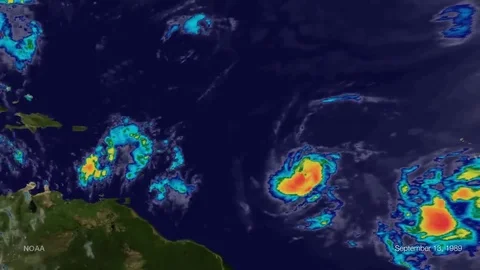 Hurricane Hugo makes its way across the Caribbean in 1989. Stock Footage 74798456