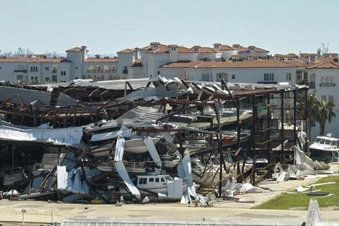 Hurricane Ian destroyed boat station in Florida coastal area. Natural disaster Stock Photos