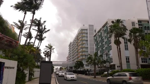 Hurricane Maria storm clouds swaying palms city traffic Video stock 80466612