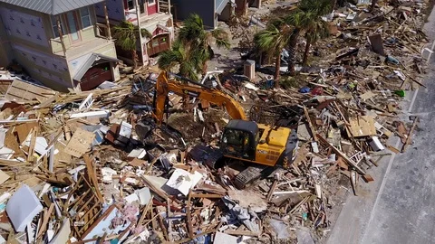 Hurricane Michael Damage Debris Clearing Backhoe Mexico Beach Florida Stock Footage 97392404