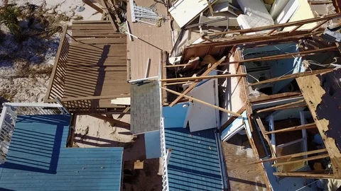 Hurricane Michael Damage Townhouse Destroyed Roofs aerial closeup Florida Stock Footage