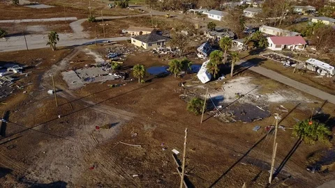 Hurricane Michael Damage Trailers moved and toppled Stock Footage 97426151
