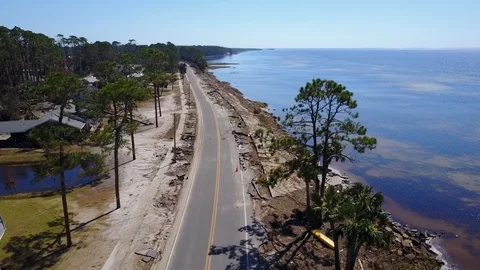 Hurricane Michael Damaged Collapsed Road US Route 98 aerial Florida Stock Footage 97504702