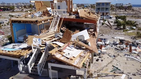 Hurricane Michael Destroyed House closeup rotate Mexico Beach Florida Stock Footage 97201804