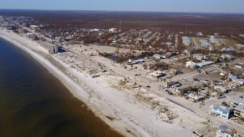Hurricane Michael Storm Damage Mexico Beach Florida overall town descend Stock Footage 96880664
