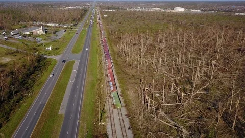 Hurricane Michael Train Derailment  high wideshot Panama City  Florida Stock Footage 97341427