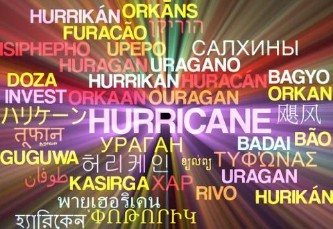Hurricane multilanguage wordcloud background concept glowing Stock Illustration