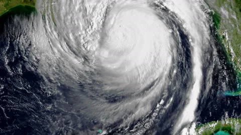 Hurricane Opal 1995 spinning over landing water causing destruction space Stock Footage 236655096