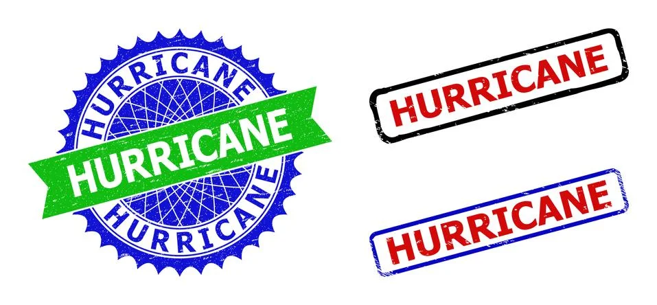 HURRICANE Rosette and Rectangle Bicolor Watermarks with Corroded Styles Stock Illustration