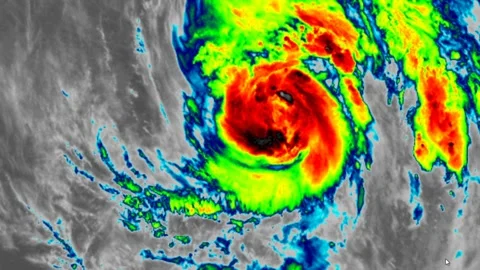 Hurricane Sally seen on weather radar and satellite screen Stock Footage