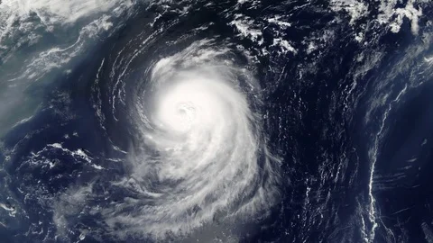 Hurricane spinning in ocean from satellite from above. eye of a large typhoon Stock Footage 84145819