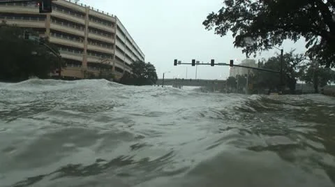 Hurricane storm surge floods an intersection Stock Footage 12577597