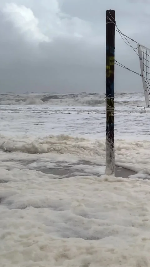 Hurricane Storm Waves Overtake Beach Volleyball Net and Dunes Stock Footage 333226952