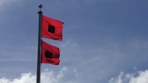 Hurricane Warning Flags Blowing in Wind Stock Footage 112910405
