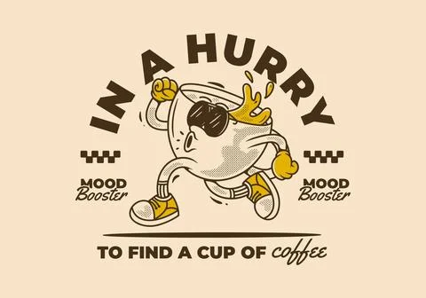 In a hurry to find a cup of coffee. Running coffee cup character in retro v.. Stock Illustration