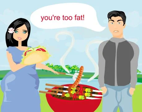 Husband gets upset, wife eats unhealthy food Stock Illustration