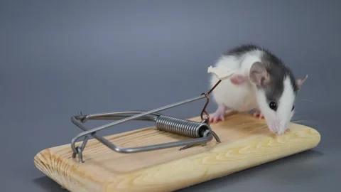 A husky-colored baby rat eats food from a mousetrap. Rodent on a gray Stock Footage 261950306