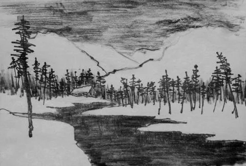 Hut in the mountains by the river Illustrazione stock