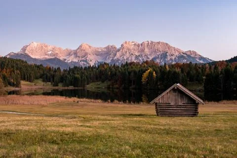 Hut on sunset at the Geroldsee Stock Photos