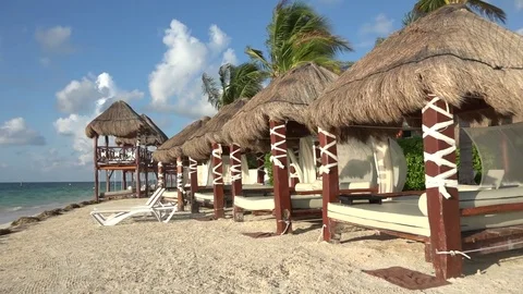Huts on a beautiful beach in mexico Stock Footage 79354885