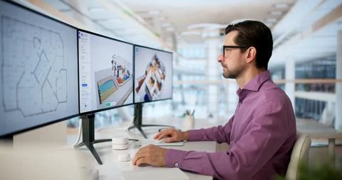An HVAC Engineer Is Using Software To Design A Smart Heat Pump System. Stock Photos