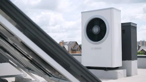 HVAC heating, ventilation and air conditioning systems. Heat pump on the roof Stock Footage 245083259
