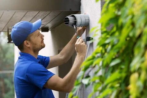Hvac service worker doing maintenance and repair of central gas heating boile Stock Photos