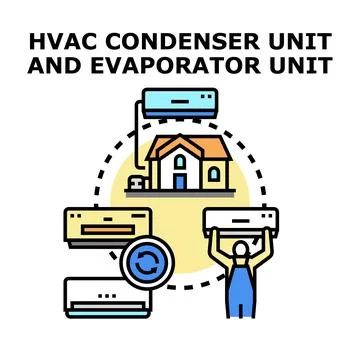 Hvac system with condenser and evaporator units for home climate control Ilustración de archivo