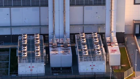 HVAC system at data center building, Warsaw, aerial Stock Footage 318713022