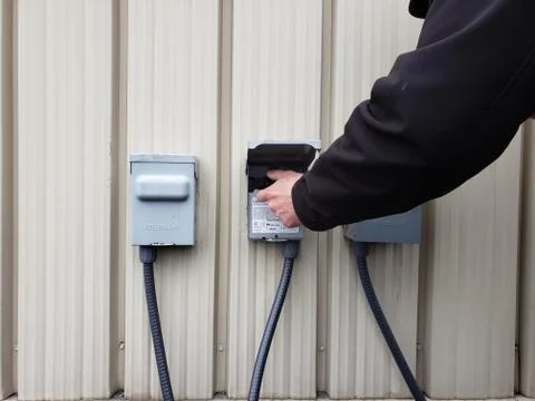 HVAC Tech Pulling Electrical Disconnect Stock Photos