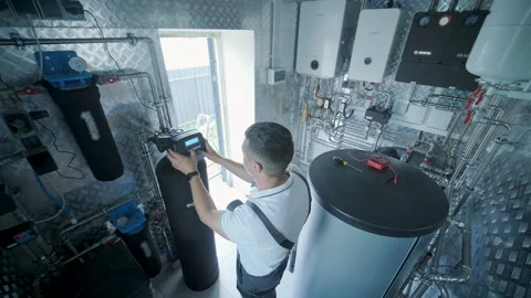 HVAC Technician Adjusting Heat Pump and Boiler System in Modern Mechanical Room Stock Footage 340112447