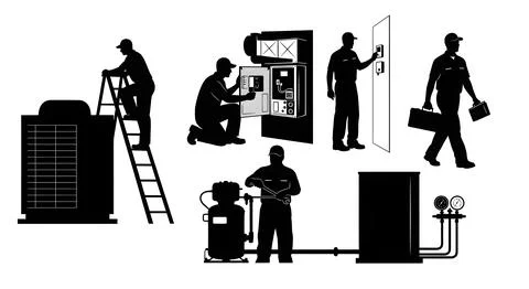 HVAC Technician at Work Silhouette Set Stock Illustration