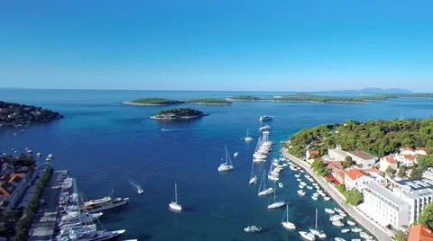 Hvar harbor down overhead aerial drone footage Stock Footage 45527955