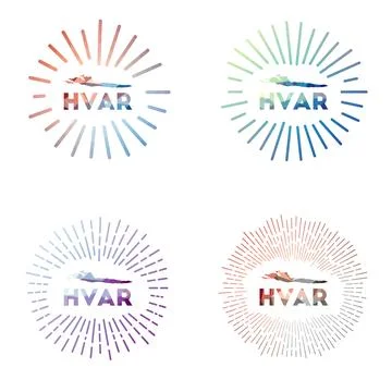 Hvar low poly sunburst set. Logo of island in geometric polygonal style. Ve.. 스톡 일러스트